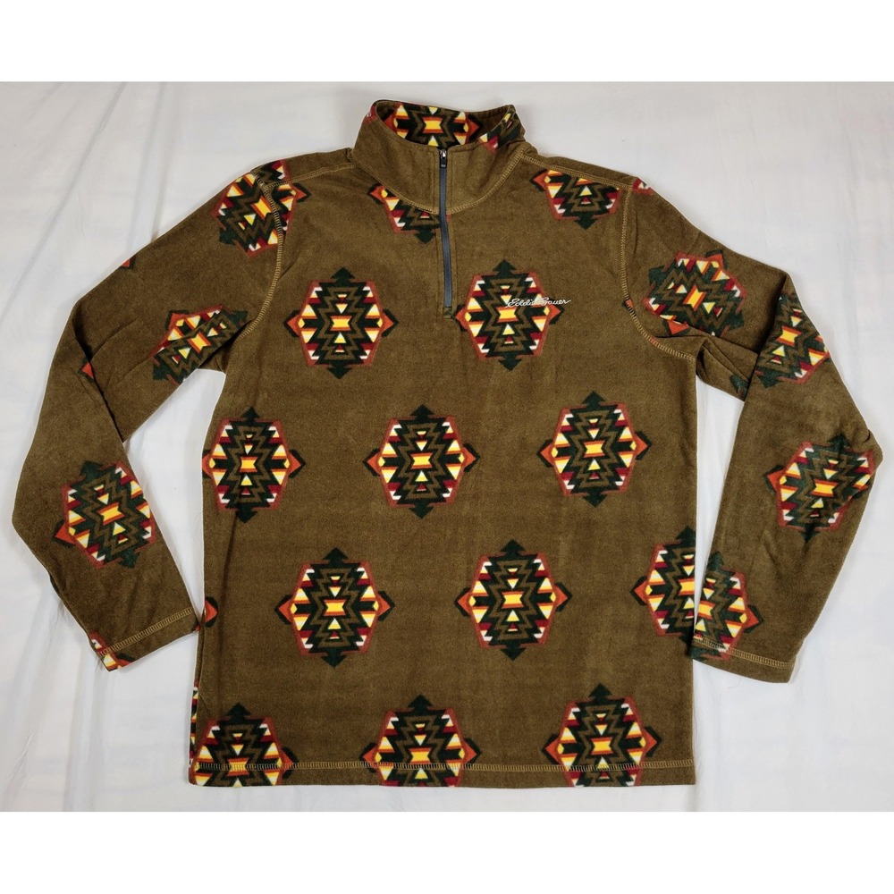 Eddie Bauer Mens Fleece Pullover Quarter Zip Southwestern Geometric Brown Medium